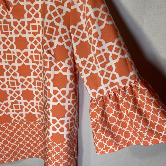 RUBY RD orange white geometric 3/4 flared sleeve woven keyhole top 12 - Picture 5 of 7